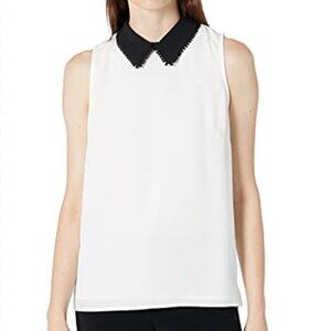CeCe Off White Sleeveless Blouse Top Black Peter Pan Collar NWT